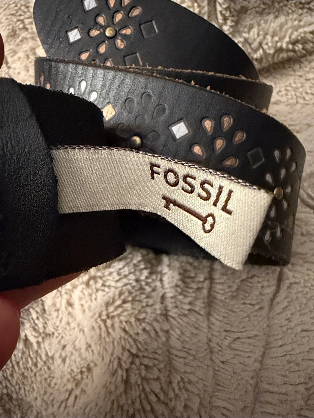 Fossil Black Leather Floral Laser Cut Out Studded Boho Wide Belt Size Medium M
